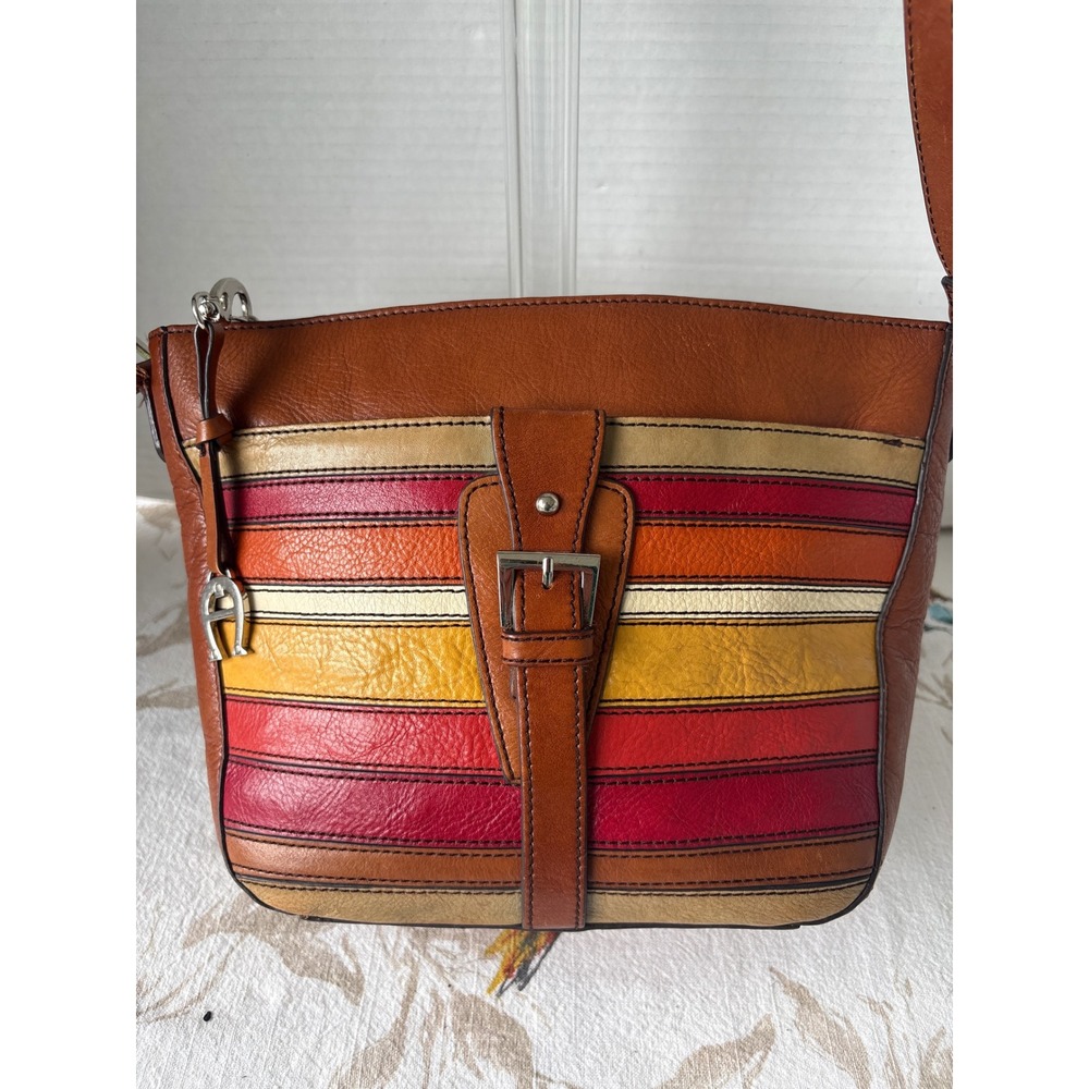 Etienne Aigner Leather Crossbody Bag Striped Multi Color Cognac Brown Boho-pics